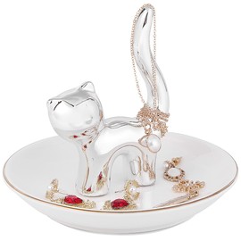 SANFERGE Silver Cat Bunny Ring Holder Earring Trinket Dish Jewelry Tray Necklace Bracelet Ceramic Plate Organizer Birthday Gift for Girlfriend, 5 inch Plate