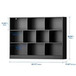 Cozy Castle Black Bookshelf, 3-Tier Open Shelf Bookcase, 10 Cube Storage Organizer with Anti-Tilt Device for Bedroom, Living Room, 55.11" W x 11.61“D x 40.94“H