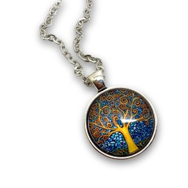 Fantasiecollier für Frauen, Glascabochon, illustriertes silbernes Pendant, vintage, retro, original, Klimt, « Baum des Lebens », Baum, Dekoration, Gemälde, blau, gelb (ref.59a)