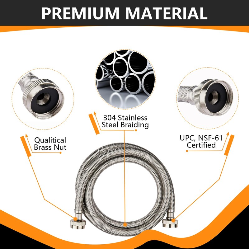 10-Pack HeSun 5 Ft Washing Machine Hose, 3/4" FHT Stainless
