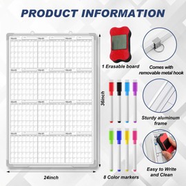 Lincia 36" x 24" Magnetic Vertical Yearly 12 Month Dry Erase Calendar for Wall 2025 Undated Dry Erase Wall Calendar Planner Aluminum Frame Whiteboard for Home Office Projects Fridge