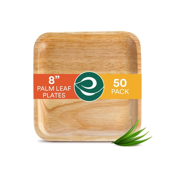 ECO SOUL 100% Compostable 8 Inch Square Palm Leaf Plates [50-Pack] I Premium Disposable Plates Set I Heavy Duty Eco-Friendly Bamboo Plates Disposable I Square Disposable Plates