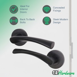 EAI Black Door Handle Latch Set | Round T-Bar Internal Door Handles, Latch (64mm), Hinges (76mm) | Matt Black Lever On Rose | Novoli Range
