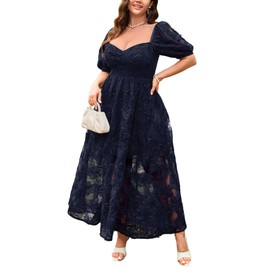 Plus Size Summer Dresses: Navy Blue Dress for Curvy Women - Navy Blue Floral Maxi Sundress Seniors - Wedding Guest Dresses for Women Plus Size