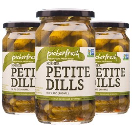 Pickerfresh Kosher Petite Dills - Garlic, Dill & Red Pepper Cornichons - Simple Ingredients - Non-GMO, No Artificial Color & No Preservatives - 16 oz (3 Pack)
