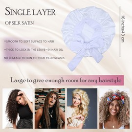 Satin Bonnet Silk Bonnet for Sleeping Women Hair Bonnet Night Sleep Cap Satin Hair Bonnets with Tie Band Large Size Hair Cap for Thick Curly Hair Braid (White)