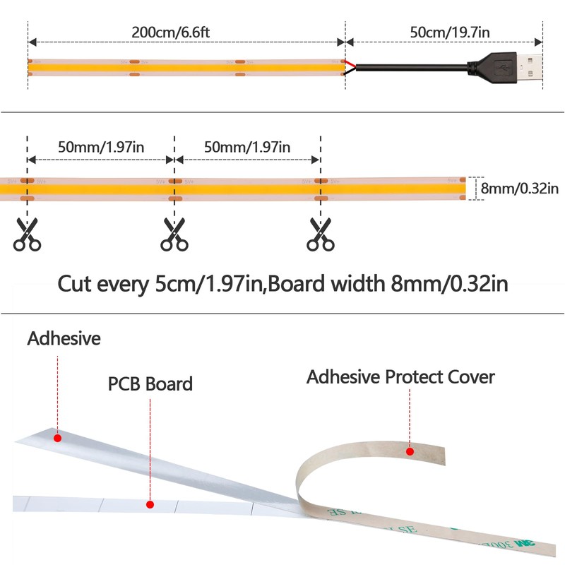 KXZM DC 5V USB COB Orange LED Strip Light USB