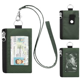 ZHOMA Minimalist RFID Wallet with Lanyard, Multi-Functional ID Case with 2 Zipper Pockets and Key Chain for Men and Women, Tactical Badge Pouch Cards Holder, Coin Purse for Travel Sports-Green