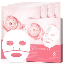 Pack of 4 Korean Collagen Mask, Collagen Mask for Moisture & Anti-Ageing, Cloth Masks Face for Care of Fine Lines, Wrinkles & Minimises Pores, Face Mask Set for All Skin Types