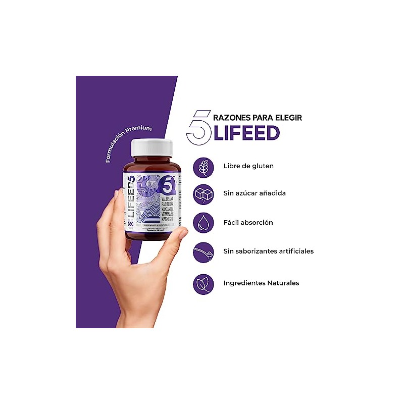 Lifeed5 Sleep Magnesio Vitamina Complejo Valeriana Pasiflora Manzanilla Cápsulas 630