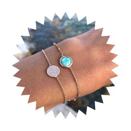 Dervivea Boho Layered Turquoise Bracelet Hammered Disc Bracelet Chain Vintage Gold Turquoise Stone Bracelets Round Coin Hand Chain Bracelet Jewellery for Women and Girls