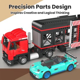 Mould King 24078 Sports Car Transporter Building Toy Set, City Car Carrier Truck with 2 Race Cars, Semi Truck with Carrier & Trailer for Kids Boys Girls Aged 8+, Adjustable Loading Ramp Tow