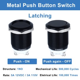 DMWD 2pcs 19mm Latching Metal Push Button Switch Waterproof Anti-Vandal 3/4" Mounting Hole Screw Terminals 12V 24V 36V DC 110V 250V AC 5A 1NO Aluminium Alloy Black Shell