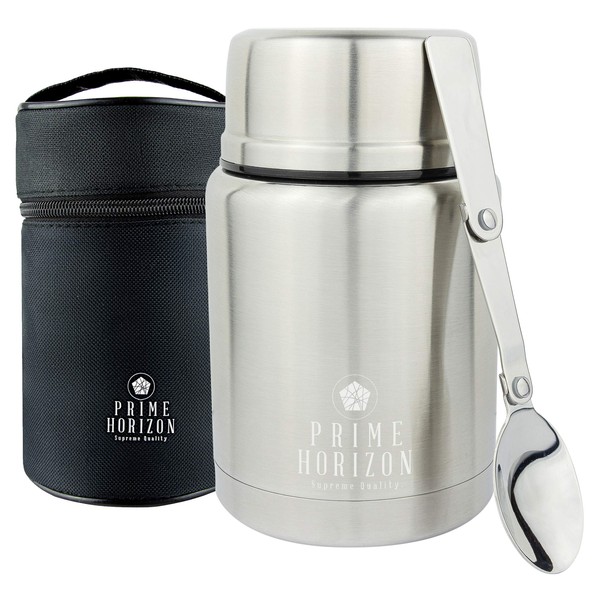 Prime Horizon Food Flask - 500ml Stainless Steel Vacuum Double Wall Jar with Folding Spoon, Leakproof and BPA Free. Free Insulated Travel Bag with Carabiner and Gift Box (Silver)