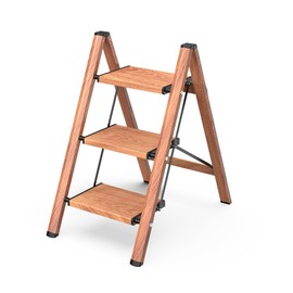 GameGem 3 Step Ladder, Aluminum Folding Step Stool with Anti-Slip Sturdy and Wide Pedal, Lightweight Portable Stepladder for Home and Kitchen Use Space Saving, Woodgrain, 330 lbs