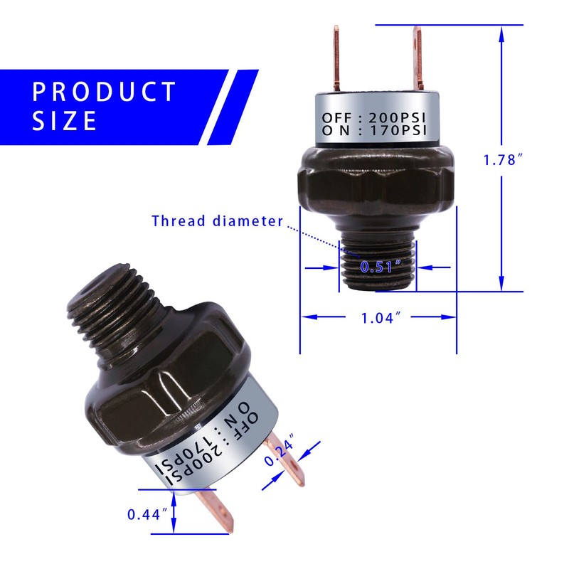 mankk Black 170-200 PSI Air Pressure Switch,1/4"NPT Thread 24V 12V