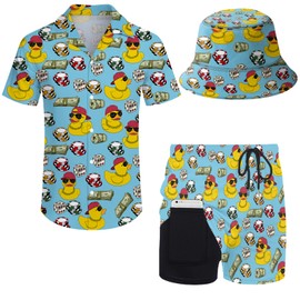 Wdpsuxin Mens 2 Piece Hawaiian Shirt Set Outfit And Compression Liner 2 In 1 duck money Shorts Sets With Bucket Hats Large