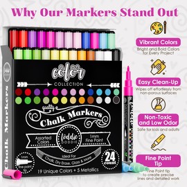 Loddie Doddie Liquid Chalk Markers - Pack of 24, 1mm Fine Tip, Multicolor - Erasable Non-Toxic Ink & Window Markers - Smooth Fine Lines with Chalk Paint Finish for Vendor Booth Display Items