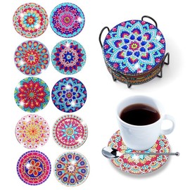 Aililong Diamond Painting Coasters Set - 10 Pieces with Holder, Mandala Pattern, DIY Non-Slip Cup Coasters for Children and Adults