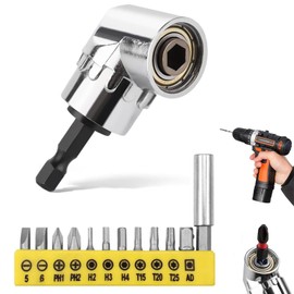 105 Degree Right Angle Drill Adapter, 12 Piece Set, Multi-Function Bent Screwdriver Bit, Hex Driver Socket Wrench, 1/4 Inch Socket Adapter, L Shape Adapter, Compatible with Magnetic Bit Sockets for