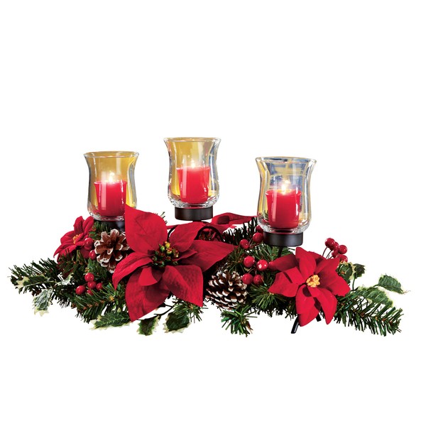 Collections Etc Christmas Poinsettia Candle Holder Centerpiece with Pinecones, Red 20" L x 9" W x 9 1/4" H