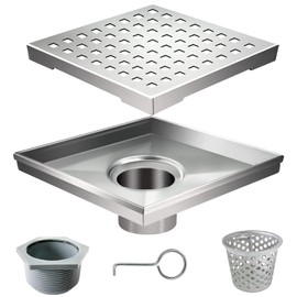Square Shower Drain Kit-6‘’ Stainless Steel Bathroom Floor Drain Set (CUPC Certified) Equipped with Removable Quadrato Pattern Grate,Hair Filters,Threaded Joint with Rubber Seal and Lifting Hook