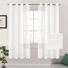 Tenger Home Natural Linen Curtains, Transparent Curtains, Voile Curtains, Living Room, Semi-Transparent Linen Curtain with Ruffle Tape, Linen Curtains, Living Room, Set of 2 (White, W 150 x H 225 cm)