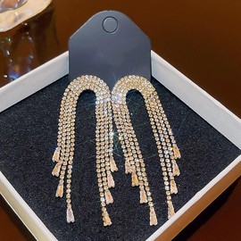 Sparkly Gold Rhinstone Tassel Dangling Earrings for Women,Charming CZ Statement Long Chain Drop Dangle Earrings,Grace Wedding Jewelry Gifts for Bride (Tassel)