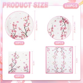 150Pcs Cherry Blossom Party Supplies Cherry Blossom Plates and Napkins Cherry Blossom Paper Plates Disposable Cherry Blossom Dinnerware Set for Spring Floral Bridal Shower Party Decoration,Serves 50
