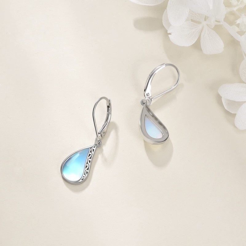 POPLYKE Tear Larimar Moonstone Leverback Earrings for Women Sterling Silver