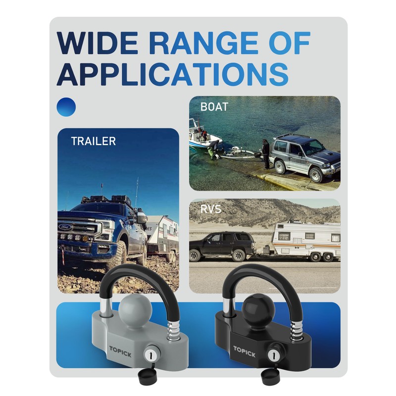 TOPICK Heavy-Duty Trailer Coupler Lock with PVC-Coated U-Bolt, Universal Fit