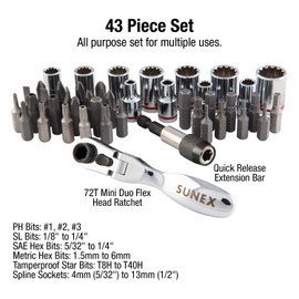 SUNEX TOOLS 9732 44Pc 1/4" Dr Mini Dual Flex Head RATCHET W Socket & Bit Set