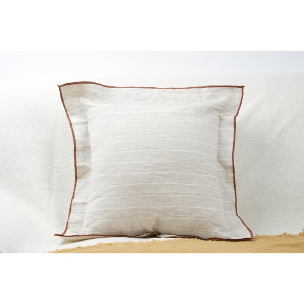Decorative Linen Cushion Cover with Brown Piping, White Striped Pattern