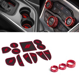 Xotic Tech Car Anti-dust Mats Cup Holder Inserts, Door Pocket Center Console Liners Mat Custom Fits + AC Climate Control Knob Covers Accessories Compatible with Dodge Challenger 2015-2023 (Red,14pcs)