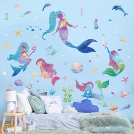 SHUCHING Mermaid Wall Sticker Peel and Stick, Under The Sea Mermaid Silhouette Wall Decal for Girls, Removable Vinyl Wall Decor Art Home Decoration for Living Room Bedroom Nursery Playroom