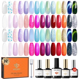 Modelones 32 PCS Summer Gel Nail Polish Set, 28 Colors Glitter Cat Eye Jelly Pearl Chameleon Gel Polish with Magnet, No Wipe Base Coat, Glitter & Glossy & Matte Top Coat Soak Off Nail Art Kit