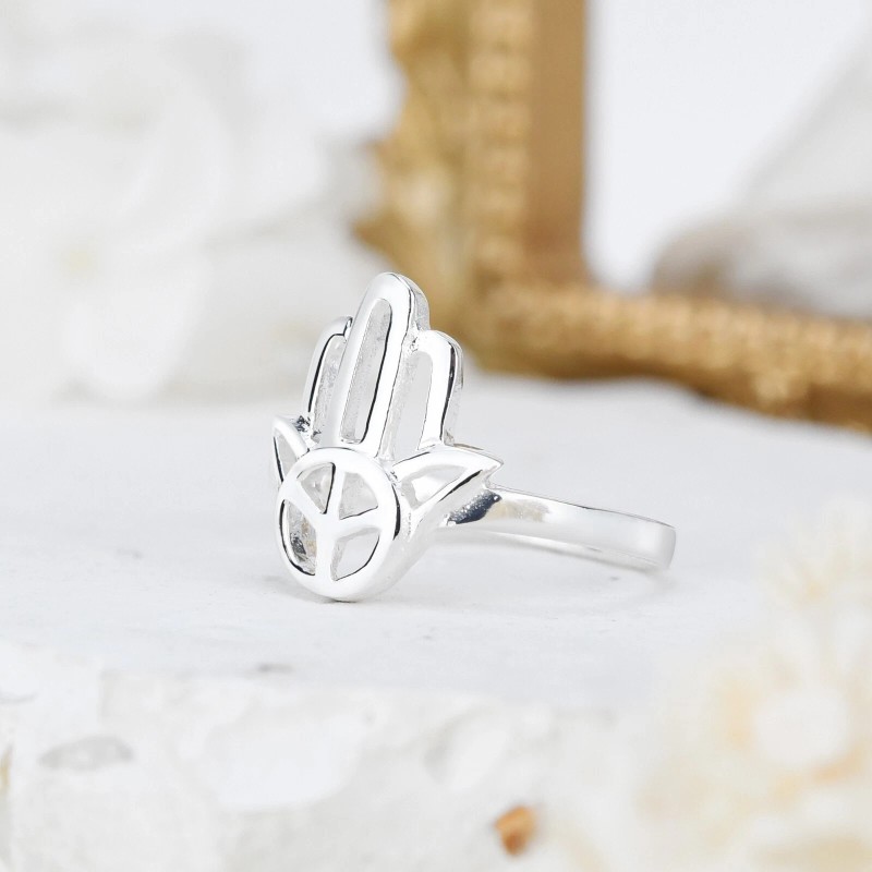 AeraVida Hamsa with Peace Sign Sterling Silver Peaceful Hamsa Ring-8