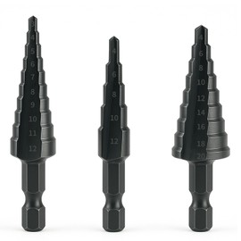 3-Piece HSS Cobalt Step Drill Bit Set, 1/8" to 7/8" Sizes, 4-Flute Design for Metal, Aluminum, Wood, Plastic, Features 1/4" Hex Shank,for 19 SAE Size Holes in Steel Aluminum Wood Plastic