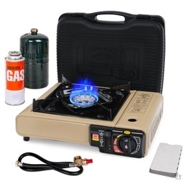 SHINESTAR Dual Fuel Camping Stove with Butane & Propane Compatibility, Portable Stove for Outdoor Cooking, Propane Adapter Hose, Wind Guard and Carrying Case Included, 7800 BTUs Output, Khaki