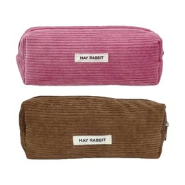 SHUOHONG Pack of 2 Pencil Cases, Corduroy Fabric, Washable Pencil Case, Portable Pencil Case with Zip, Aesthetic Pencil Case for Teenagers, Men and Women, Lotus root powder + brown, School bag