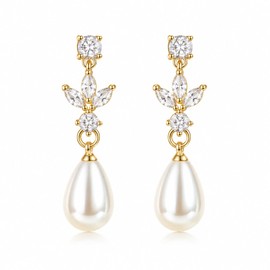 ZENCHEER Pearl Dangle Clip On Earrings for Women - 14K Gold Silver Plated Cubic Zirconia Pearl Drop Earrings Trendy Long Non Pierced Bridal Earrings Fashion Jewelry Gifts