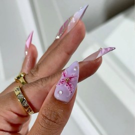 BUNLVDI Purple French Tip Press On Nails, Medium Almond Shape, Acrylic Material, 24pcs Set, Full Cover Nail, Kit, Glossy Finish, French Style, Press-On False Nails