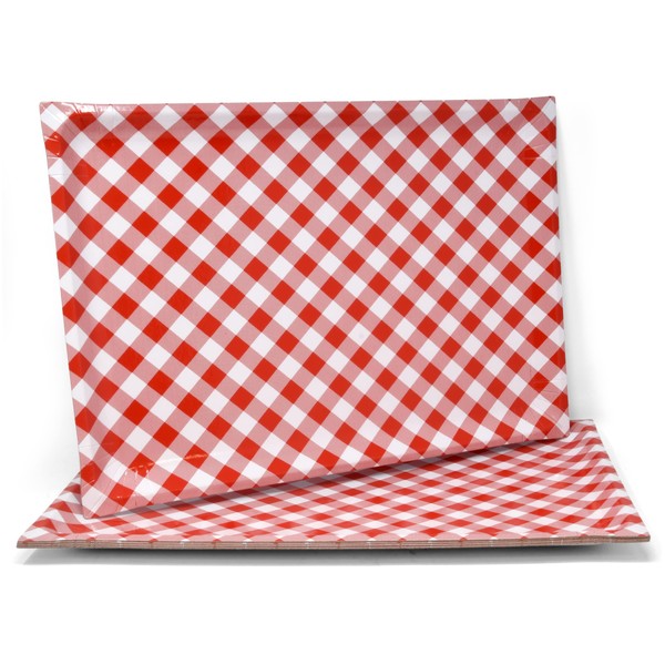 10 Disposable Red & White Gingham Serving Trays Large 10.75" X 15.75" Heavy Duty Rectangle Paper Cardboard Summer Picnic BBQ Tray for Dessert Platter Cupcake Display Birthday Party Tableware Supplies