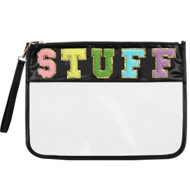 Siwara Preppy Stuff Bag Snacks Bags Chenille Letter Clear Zipper Pouch for Travel Stuff Pouch Stoney Clover Lane Aesthetic Storage Organizer Pouches for Women (Black-Stuff)