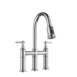 Blemoacha Bridge Kitchen Faucets with Sprayer, 3 Holes Modern Kitchen Sink Faucet with Pull Down Sprayer Stainless Steel,2 Handle Swivel Spout Solid Faucet for Kitchen Bathroom Bar(Polished Chrome)