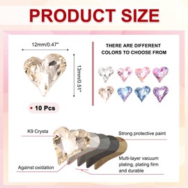 MECCANIXITY 10 Pcs 3D Heart Light Gold Nail Rhinestones 12x13mm K9 Glass Crystal Rhinestones Pointed Back Crooked Heart Gems for Nail Charm Art DIY Craft