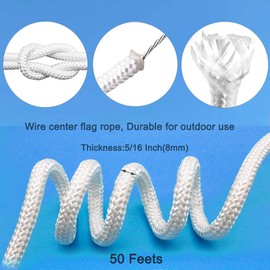 RUSON 50 Feet 1/4 Inch Wire Center Flag Pole Rope and Clips Kit, White Braided Polyester Halyard Steel Center Flag Rope with 2 Pcs 3.5" Flag Swivel Snap Hooks