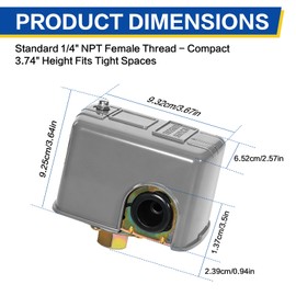 Pressure Switch for Well Pump, 40-60psi, 1/4" FNPT, Adj Diff, Grey