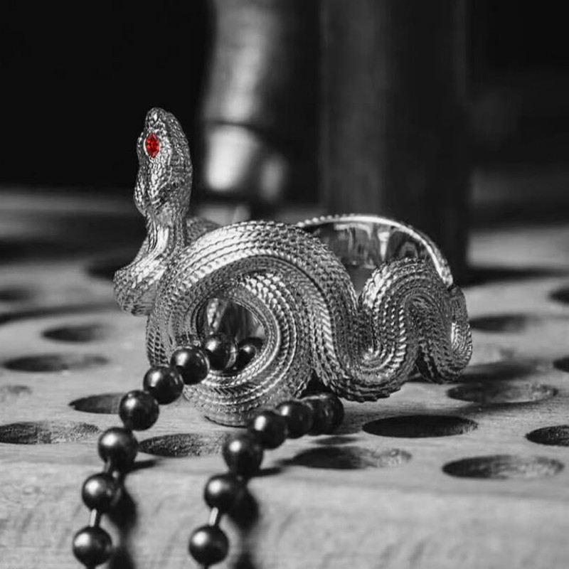 THJEW Unisex Antique Silver Wrap Snake Ring,Cool Retro S925 Sterling
