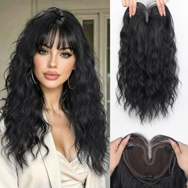 Stamped Glorious Clip in Hair Toppers for Women, 20" Black Wavy Hair Pieces with Curtain Bangs,Upgraded 3D Hand Tied Breathable Lightweight Wiglets for Thinning Crown & Hair Loss